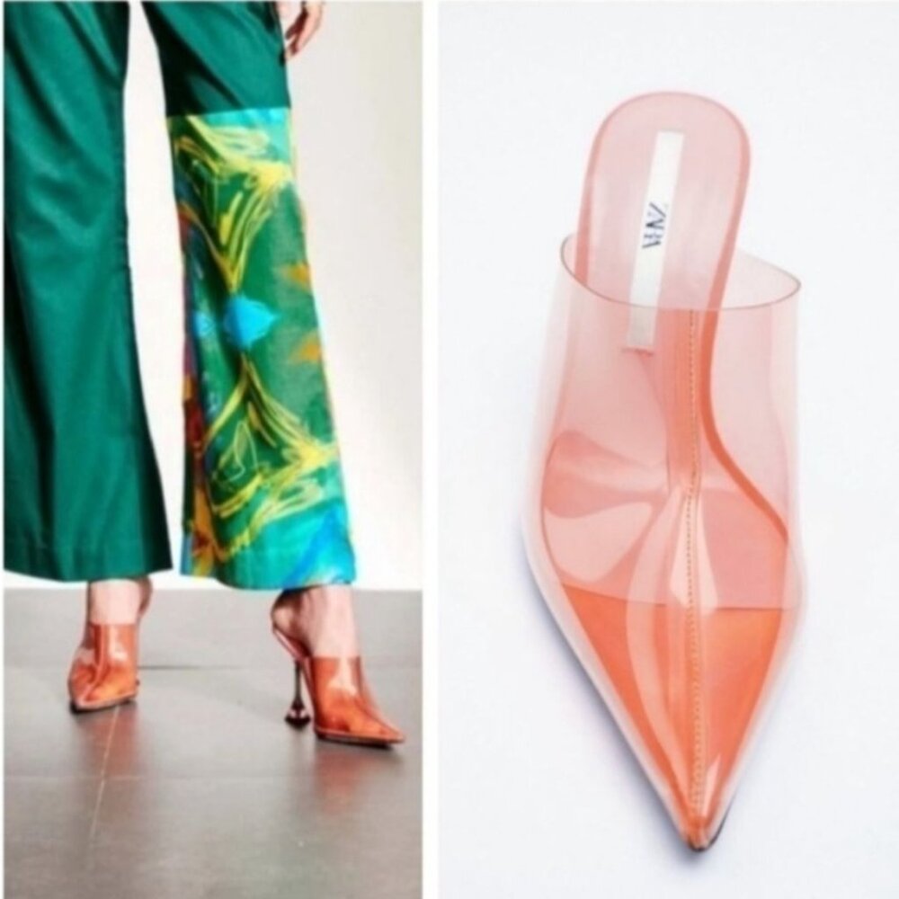 ZARA Vinyl heeled mules pointed toes transparent heels rose color Size 38 US 7.5